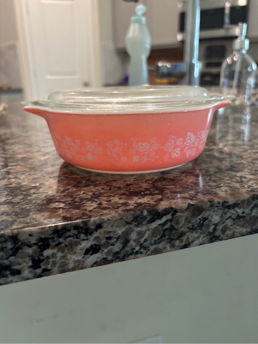 Pyrex Coral Pink Floral sm VINTAGE Glass Casserole with Lid